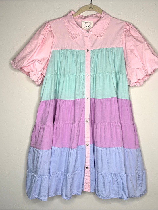 Fantastic Fawn Dresses & Skirts - Dress Colorblock Pastel Tiered Babydoll Button-Front Pink Mint blue collared M
